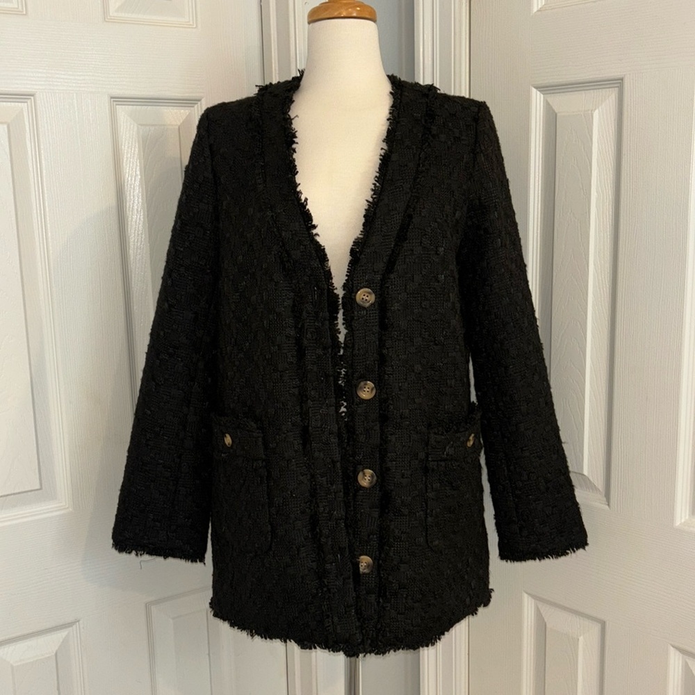 Ann Taylor NWT SIZE S Black Tweed Collarless Jacket